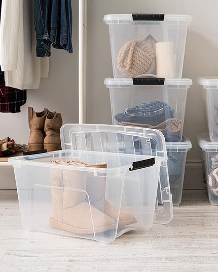 IRIS USA 32 QT Plastic Storage Box with Lid and Latches - 6 Pack - BPA-Free, See-Through Organizing Solution, Durable Nestable Stackable Containers, Secure Pull Handle - Clear