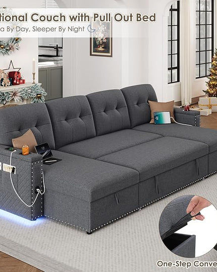 HIFIT 106" Sectional Couches for Living Room- Pull Out Sleeper Sofa Couch w/Storage Chaise,Storage Armrest,LED Light&USB Port&Cupholder, Modern Linen U Shaped Home Sofa Living Room Furniture Set, Grey
