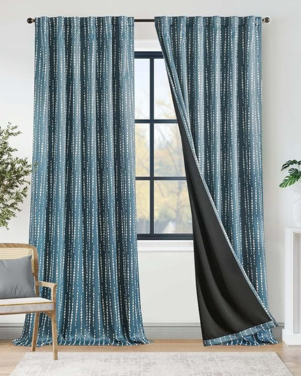 jinchan 95% Blackout Boho Curtains, Moon Phases Printed 96 Inches Long Blue Drapes for Bedroom Living Room Nursery Farmhouse, Rod Pocket Back Tab Thermal Insulated Window Treatment Set 2 Panels