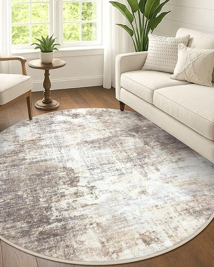 IOHOUZE Abstract Round Area Rug 6 Ft Washable Circle Rugs Large Round Rug Non Slip Thin Soft Circle Rugs, Printed Faux Wool Floor Carpet for Bedroom Living Room Dining Room Nursery, Beige Brown