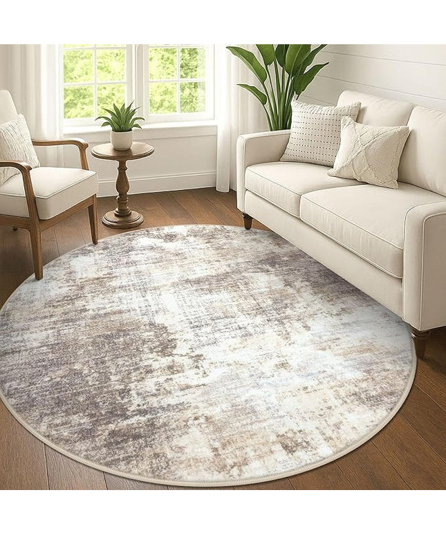 IOHOUZE Abstract Round Area Rug 6 Ft Washable Circle Rugs Large Round Rug Non Slip Thin Soft Circle Rugs, Printed Faux Wool Floor Carpet for Bedroom Living Room Dining Room Nursery, Beige Brown