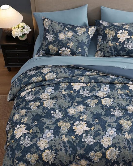 Full Comforter Set -7 Pieces Floral Navy Blue Comforter Set for All Seasons, Bed in a Bag Full with Botanical Flowers Comforter, Sheets, Pillowcases & Shams