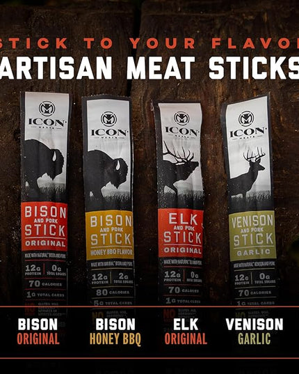 ICON Meats Snack Sticks Sampler, 24 Pack High Protein Snacks, Assorted Bison, Elk, Venison & Pork Individually Wrapped Meat Sticks 6 Per Flavor, Gluten Free, Low Sugar, Gifts or Stocking Stuffers