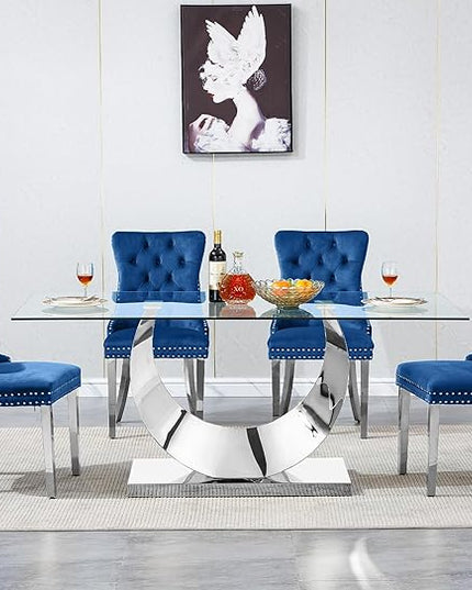 5 Piece Dining Table Set, Modern Glass Dining Table Set for 4, 70" Luxury Glass Table w/Silver Stainless Steel Base & 4 Blue Tufted Chairs, Kitchen Dining Room Sets for 4 for Breakfast Dinner Dinette
