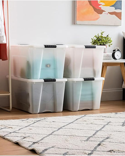 IRIS USA 72 QT Plastic Storage Box with Lid and Latches - 4 Pack - BPA-Free, Discreet Organizing Solution, Durable Nestable Stackable Containers, Secure Pull Handle - Pearl