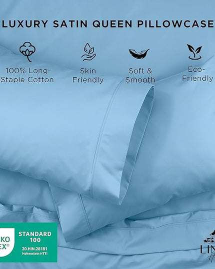 Linen Home 600 Thread Count Queen Pillowcase Set | 100% Long-Staple Cotton Pillow Cases | Soft & Smooth Luxury Satin Set of 2 Pillowcases | 4 Inch Z Hem | Baby Blue