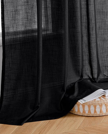 MIULEE Black Linen Curtains 90 Inch Length 2 Panels for Bedroom Living Room, Soft Thick Linen Textured Back Tab Window Drapes Semi Sheer Light Filtering Rod Pocket Modern Farmhouse Halloween Decor