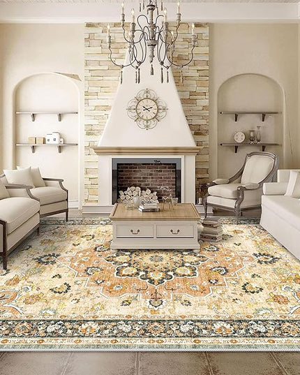 Washable Oriental Area Rug - 9x12 Rugs for Living Room Soft Carpet for Bedroom Waterproof Floral Distressed Indoor Stain Resistant Non-Shedding Floor Carpets (Orange, 9x12)
