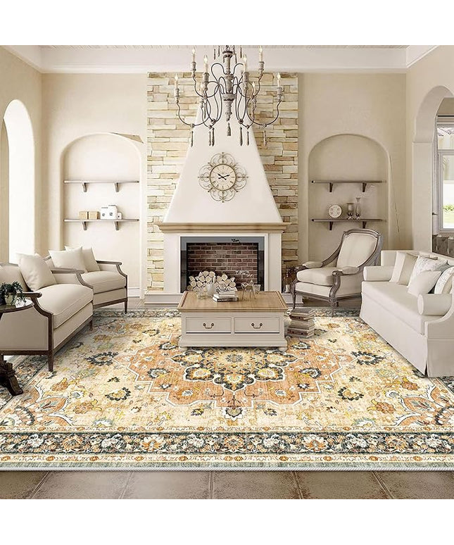 Washable Oriental Area Rug - 9x12 Rugs for Living Room Soft Carpet for Bedroom Waterproof Floral Distressed Indoor Stain Resistant Non-Shedding Floor Carpets (Orange, 9x12)