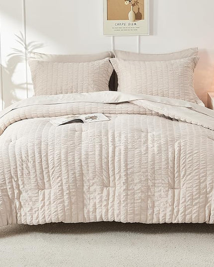 HYMOKEGE Beige Oversized King Comforter Set Seersucker 7 Pieces, All Season Luxury Bed in a Bag for Bedroom, Bedding Set with Comforter, Sheets, Pillowcases & Shams