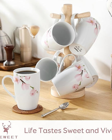 VEWEET Large Coffee Mugs Set of 6, 16 OZ Coffee Cups Set with Handle, Floral Mug Sets Ceramic Cup Set for Kitchen, Microwave& Dishwasher Safe, Series ANNIE