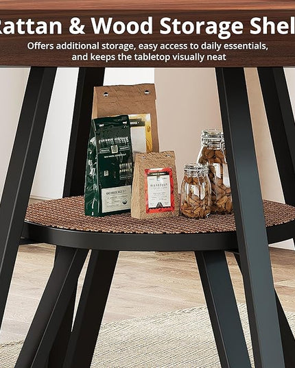 LIKIMIO Round Dining Table for 4, 47.2” Wooden Kitchen Table with Rattan Storage Shelf, Space-Saving for Modern Dining Room, Living Room, Walnut