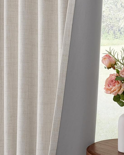 INOVADAY 100% Blackout Curtains for Bedroom, Black Out Curtains 120 Inch Long, Clip Rings Linen Blackout Drapes, Thermal Insulated Room Darkening for Living Room, 2 Panels - Beige,W50xL120