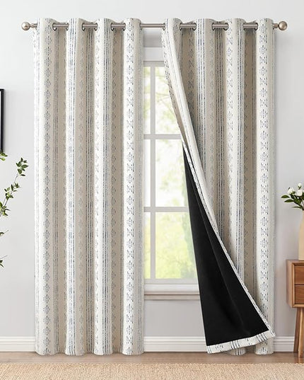 jinchan 95% Blackout Boho Curtains 84 Inches Long for Bedroom Living Room Blue on Beige Geometric Printed Grommet Top Room Darkening Thermal Insulated Window Drapes 2 Panels