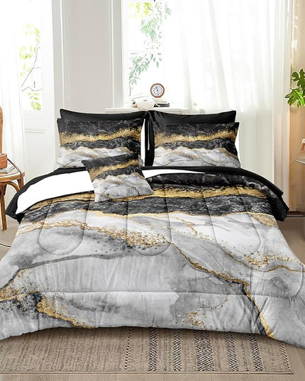 Marble Comforter Set Queen Size Black and Gold Bedding Comforter Set Gold Metallic Duvet Soft Lightweight Down Alternative Comforter Queen Bed in a Bag 8 Pcs Boys Girls Room Decor