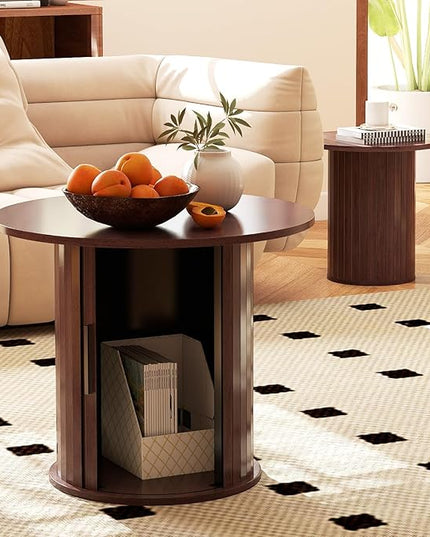 COSVALVE Nesting Coffee Table Set of 2 with Hidden Storage & Sliding Door, Circle Wood Coffee Table, Farmhouse Side & End Table Sets for Living Room, Small Spaces, Walnut