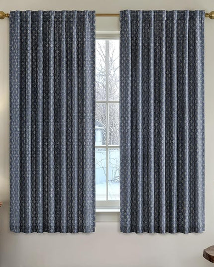 MIULEE Decorative Back Tab Linen Curtains with Geometric Pattern for Living Room Bedroom Farmhouse Rustic Thick Woven Textured Patterned Mudcloth Drapes 63 Inch Length 2 Panels Set, Blue