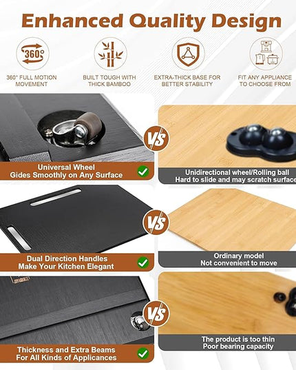 Joy&Grace Appliance Slider for Kitchen Appliances 360° Rolling Sliding Tray for Coffee Maker Countertop, Bamboo Coffee Pot Slider Rolling Tray with Universal Rollers (Black, Large 16"x13")