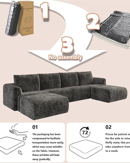 EASE MOOSE Boneless Modular Cloud Couch, Oversized U-Shaped Sectional Sofa for Living Room with Ottoman, Extra Large Movable Couches, 6-Deep-Seat Sofas for Bedroom, Apartment, Chenille (Dark Grey)