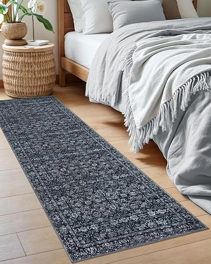 2x6 Washable Runner Rug for Hallways, Black Soft Neutral Vintage Kitchen Rugs with Non-Slip, Non-Shedding Distressed Floral Carpet for Bedroom Porch Laundry Entryway