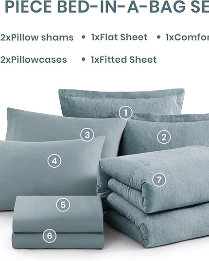 Monbix Full Size Comforter Set-7 Pieces Dusty Blue Cationic Dyeing Bed in a Bag Full Bedding Sets with Comforter, Sheets, Pillowcases & Shams, All Season Reversible Bedding Comforters