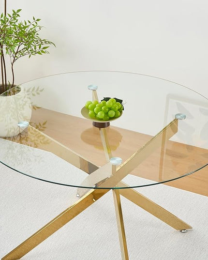 47.24" Round Glass Dining Table Modern Kitchen Glass Top Table for 6 with Gold Chrome Metal Legs, Clear Dining Table Kitchen Table for Home Office Dining Room
