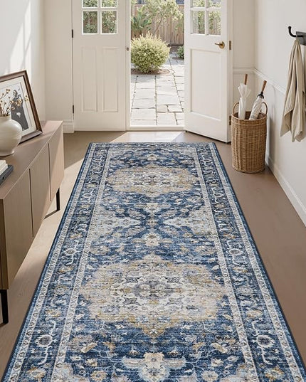 PADOOR-Vintage Runner Rug 2X10 Runners for Hallways-Soft Blue Washable Bedside Rugs for Bedroom-Non Slip Long Rug for Hallways Entryway Laundry Room Stair Kitchen Bathroom
