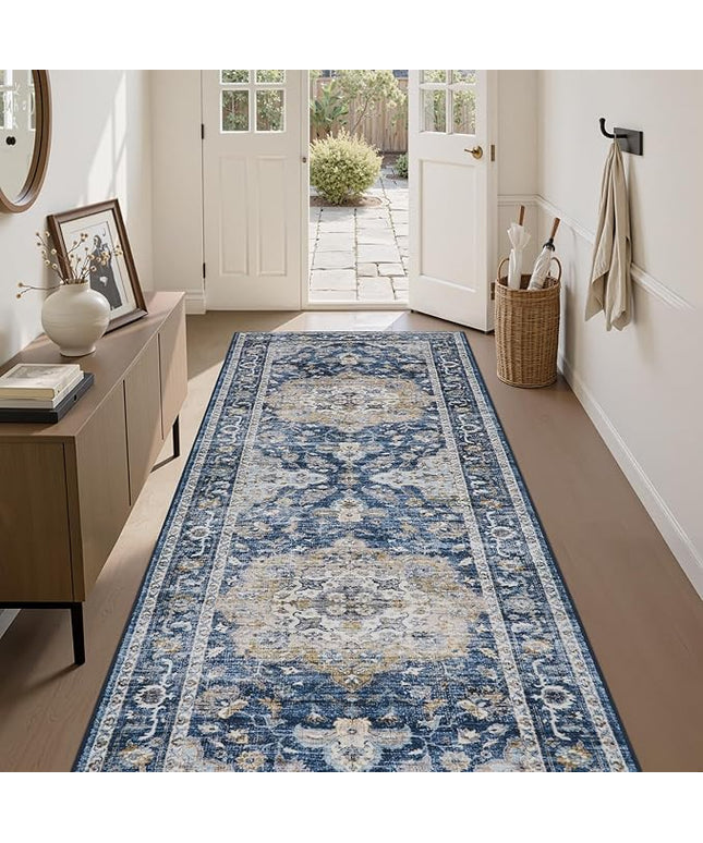 PADOOR-Vintage Runner Rug 2X10 Runners for Hallways-Soft Blue Washable Bedside Rugs for Bedroom-Non Slip Long Rug for Hallways Entryway Laundry Room Stair Kitchen Bathroom