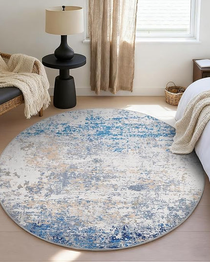 Modern Abstract 8x8 Round Area Rug Non Slip Non Shedding Rug Low Pile Stain Resistant for Bedroom Living Room Office Dining Room,Blue/Grey