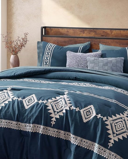 MaiRêve Embroidery King Size Comforter Set Navy Blue, Boho Farmhouse Western Bedding Set 7 Pieces, All Season Bed in A Bag Comforter Set with Sheets, Pillowcases & Shams