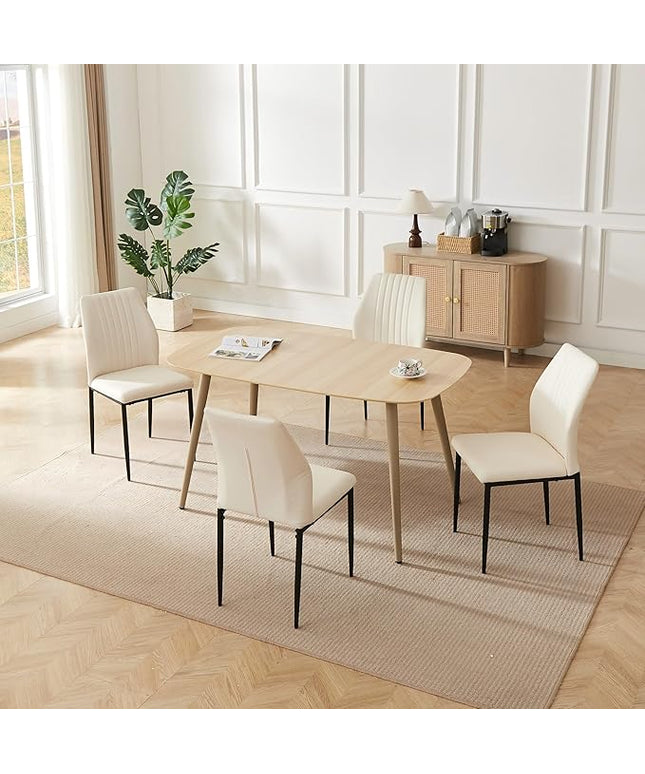 55.1" Modern Dining Table Set for 4, Scratch-Resistant Wood Table with 4 Black Leather Chairs, Stylish & Durable Dining Room Furniture, Space-Saving Kitchen Table Set for Family & Apartment