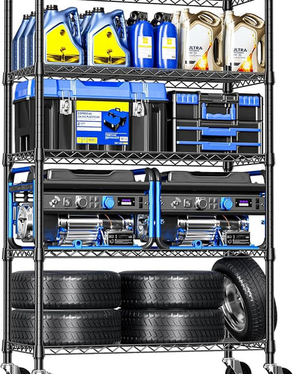 IZEUK 5-Tier Storage Shelving Unit with Wheels, Adjustable Heavy Duty Steel Wire Rack Organizer (Black, 17.7" D x 47.2" W x 76.7" H, 1750 lbs Capacity) for Garage, Kitchen, Office, Laundry, Basement