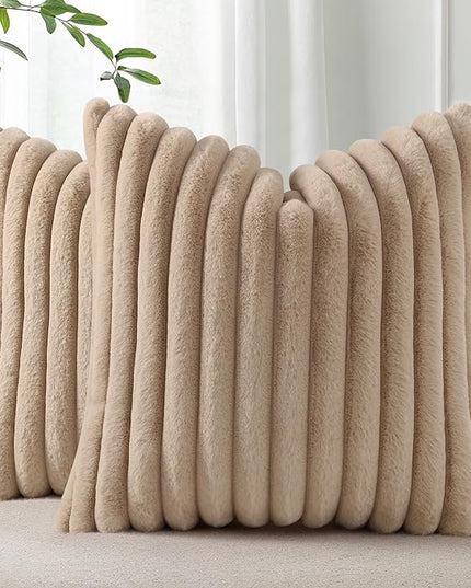 Pallene Faux Fur Plush Throw Pillow Covers 22x22 Set of 2, Luxury Soft Fluffy Striped Decorative Pillow Covers for Sofa, Couch, Living Room, Khaki
