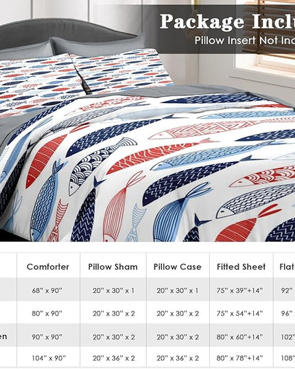 Comforter Set Queen Size, Fish Blue Summer 7 Pcs Bedding for Kids and Adults, Sea Cute Ocean Bed Sheet Sets with Fitted Sheet 2 Pillowcases & 2 Shams for Bedroom Bed Decor