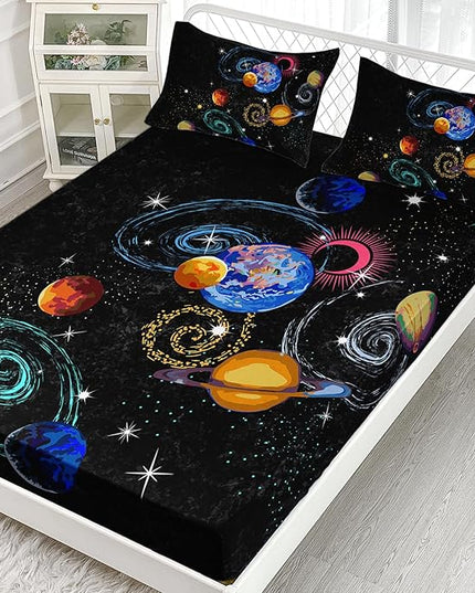 AILONEN Outer Space Full Size Fitted Sheet 3 Pieces Set, Galaxy Starry Sheet for Kids Boys - Eight Planet Theme Soft Breathable Bed Sheet, 1 Fitted Sheet and 2 Pillowcases