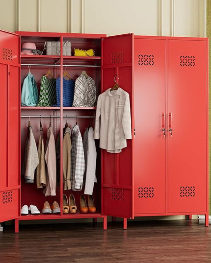 Aobabo Metal Wardrobe Cabinets with Lock, 2 Door Metal Closet wtih 4 Adjustable Shelves and 2 Hannging Rod, Lockable Locker Cabinet, Storage Locker for Home, Office,Red, Assembly Required