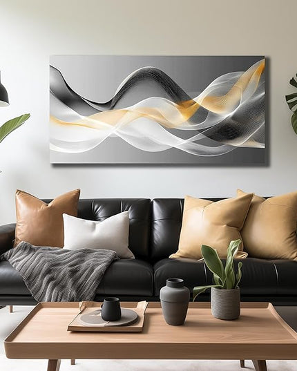 JuhaiArt Abstract Wall Decor Art Gold Canvas Modern Black Picture White Art for Bedroom Office Decoration 24" x 48"