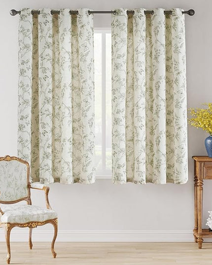 Lazzzy Linen Farmhouse Curtains Green Floral Curtains 63 Inch Length Drapes for Living Room Bedroom Pattern Light Filtering Country Vintage Curtain Grommet Top, 2 Panels, Green on Beige