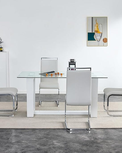 Ebullient Glass Dining Table Set for 4, Modern Dining Table Set for 4, Tempered Glass Tabletop with White MDF Trapezoid Legs, Rectangle Kitchen Table with 4 Faux Leather Chairs for Home, Apartment