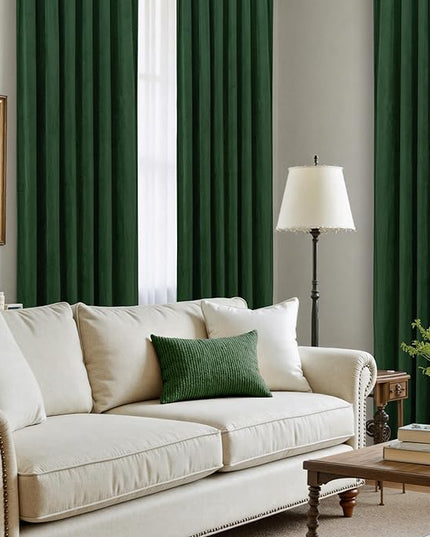 LAMIT Velvet Curtains 108 Inch for Living Room, Thermal Room Darkening Panels Noise Reducing Back Tab and Rod Pocket Christmas Drapes for Bedroom, Set of 2 Panels, Emerald Green, 52 x 108 Inch