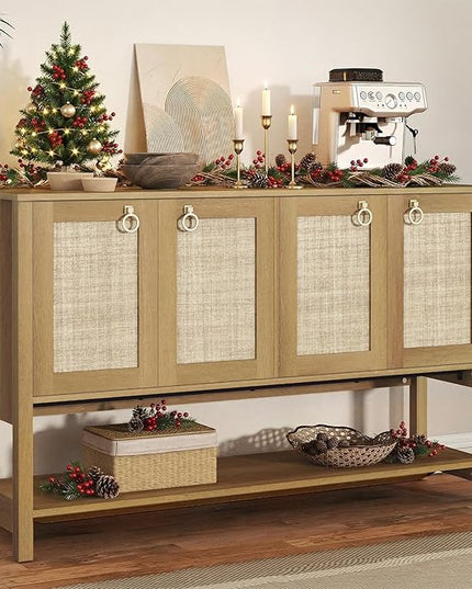 Rattan Entryway Cabinet with Storage,55“ Boho Credenza Storage Cabinet with 4 Doors and Adjustable Shelf, Wood Coffee Bar Console Cabinet Buffet Table for Kitchen, Dinning Room, Sideboard Buffet
