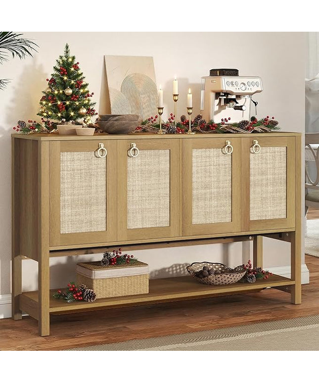 Rattan Entryway Cabinet with Storage,55“ Boho Credenza Storage Cabinet with 4 Doors and Adjustable Shelf, Wood Coffee Bar Console Cabinet Buffet Table for Kitchen, Dinning Room, Sideboard Buffet