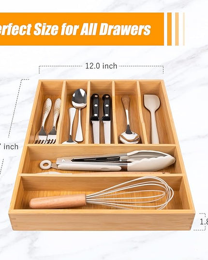 Bellsal Bamboo Silverware Drawer Organizer, Kitchen Utensil Drawer Organizers, 12"x15.7" Utensils Holder Cutlery Tray with Grooved Drawer Dividers for Kitchen Flatware Bedroom Office(7 Slot, Natural)