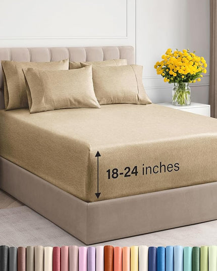 Extra Deep Queen Sheet Set - 6 Piece Breathable and Cooling Sheets - Hotel Luxury Bed Sheets Set - Easy Fit - Soft, Wrinkle Free and Comfy Sheets Set - Heathered Tan Sheet Set with Extra Deep Pockets