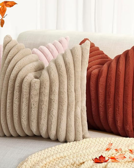 decorUhome Faux Fur Spring Throw Pillow Covers 12x20 Set of 2, Decorative Soft Plush Striped Neutral Couch Euro Pillow Covers with Velvet Back for Sofa, Bed, Living Room Home Decor, Rust