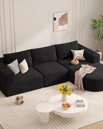 Modular Sectional Sofa with L-Shape Chaise,Cloud Sectional Modern Sleeper Couch with Deep Seat,Sponge Compression Sofas No Assembly Required(Black-Corduroy Fabric) 1PCS
