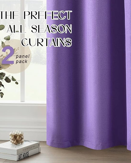 Purple Curtains 108 Inches Long, 100% Blackout Linen Textured Curtains Thermal Insulated Anti-Rust Grommet Drapes for Bedroom Living Room, Purple, W52 x L108, 2 Panels