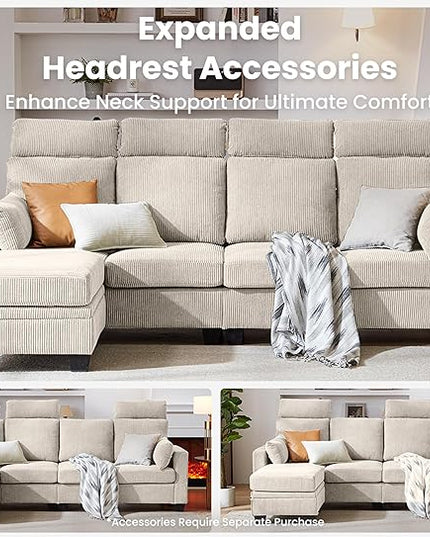 CHIC HOUSE Corduroy Modular Sectional Couch with Ottoman Chaise, L/U Shaped Sleeper Sofa for Living Room, Apartment, Lounge, Modern Armrest Neck Support Furniture (6 Seater Compact Sleeper, Beige)