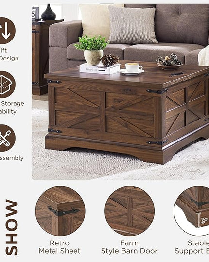 JXQTLINGMU Farmhouse Lift Top Coffee Table with Storage, 36" Wood Square Center Table with Large Hidden Compartment, Rustic Lift Tabletop Dining Table for Home Living Room, Brown
