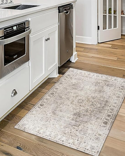 ReaLife Rugs Machine Washable Area Rug - Living Room Bedroom Bathroom Kitchen Entryway Office - Padded Crease Free Stain Resistant Premium - Boho Farmhouse Vintage- Joy- Beige Ivory - 2'x 3'